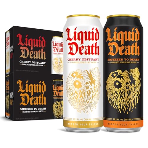Liquid Death Sparkling Water - Squeezed to Death & Cherry Obituary Mixed Pack (16 x 19.2 oz Cans) - Cherry & Orange - 19.2 Fl Oz (Pack of 16)