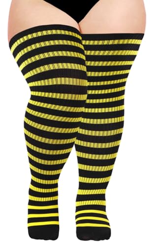 Moon Wood Plus Size Thigh High Socks for Women Knit Cotton Extra Long Halloween Over the Knee High Socks Leg Warmers - One Size Plus - Black & Pine Yellow