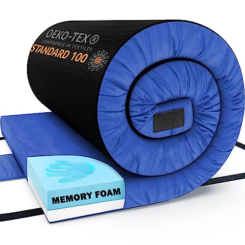 Matrix Cell Memory Foam Camping Mattress Pad, Roll Up Mattress, Guest Floor Mattress for Adults, Roll Away Bed for Sleepover, Sleeping Mat, Cot Mattress Pad, Heavy Duty Travel Cot Pad Bed Roll - Single 75"x30"x3" - Navy Blue