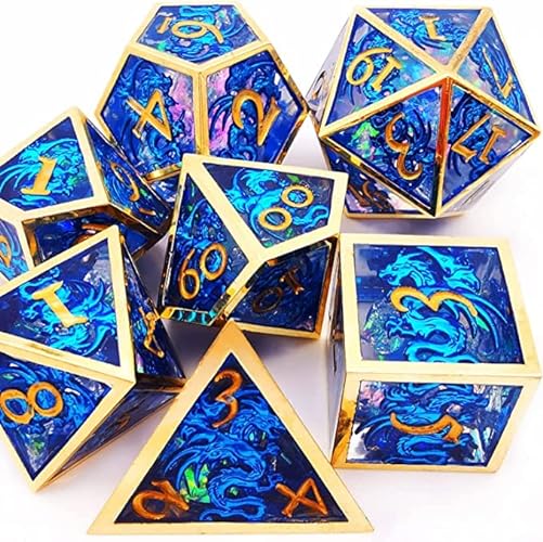 HAOMEJA Hollow Metal + Resin Dragons Dice Set DND 7 Set Dice Role Playing Dice D&D Dungeons and Dragons (Blue) - 1 Blue Dragons
