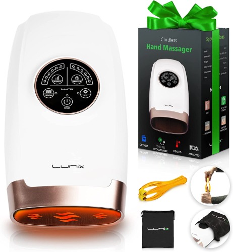 Lunix LX3 Cordless Electric Hand Massager with Compression, 6 Levels Pressure Point Therapy Massager for Arthritis, Pain Relief, Carpal Tunnel and Finger Numbness, Shiatsu Massage Machine with Heat - White