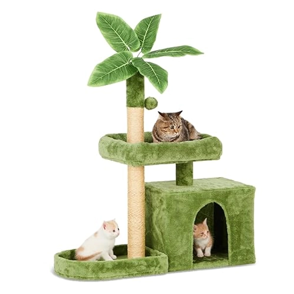 TSCOMON 31.5" Cat Tree/Tower for Indoor Cats with Green Leaves, Cat Condo Cozy Plush Cat House with Hang Ball and Leaf Shape Design, Cat Furniture Pet House with Cat Scratching Posts, Green