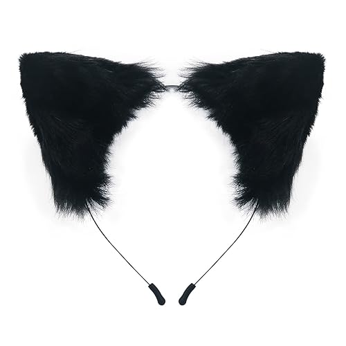 QinRuan Cat Fox Faux Fur Ears Headband Cute Halloween Fancy Dress Cosplay Handmade Animal Furry Ears Hair Hoop - Black