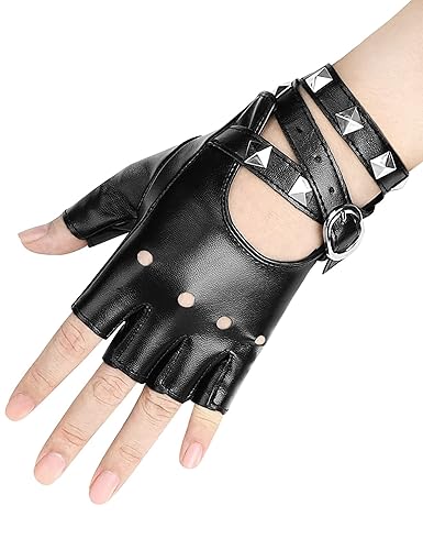 FLORVIV Black Fingerless Gloves PU Faux Leather Goth Cosplay Costume Punk Halloween Performance for Women - Blet - Large