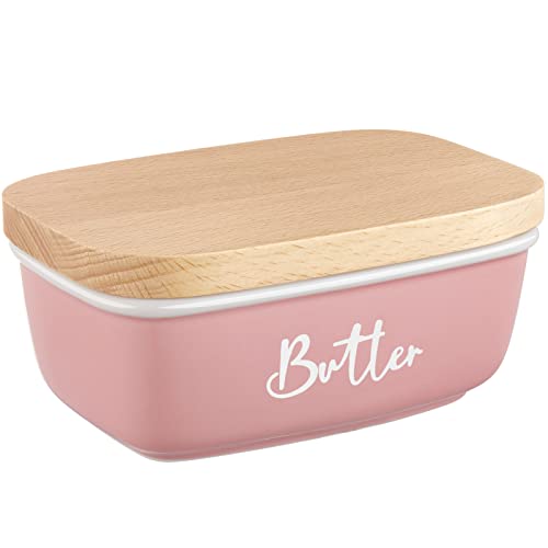 ALELION Pink Butter Dish with Lid for Countertop - Ceramic Farmhouse Butter Keeper Container with Thick Acacia Wood Lid - Pink Kitchen Home Decor and Accessories for Kitchen Gifts - Pink