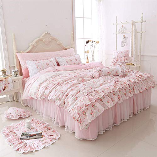 LELVA Romantic Roses Print Duvet Cover Set with Bed Skirt Pink Lace Ruffle Floral Shabby Chic Bedding Sets Twin 4 Piece - Pink Queen