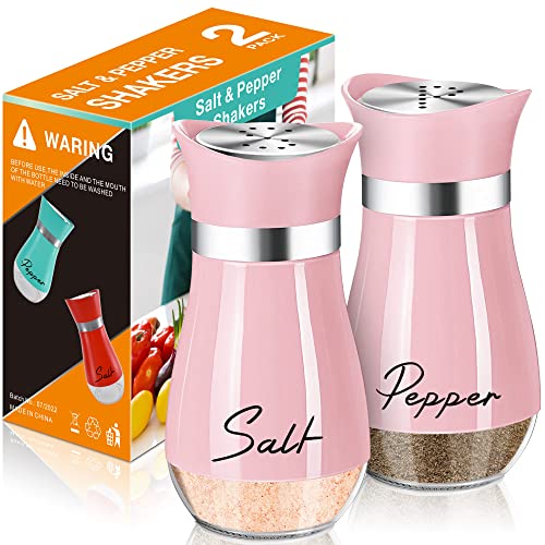 Salt and Pepper Shakers Set,4 oz Glass Bottom Salt Pepper Shaker with Stainless Steel Lid for Kitchen Cooking Table, RV, Camp,BBQ Refillable Design (Pink) - Pink