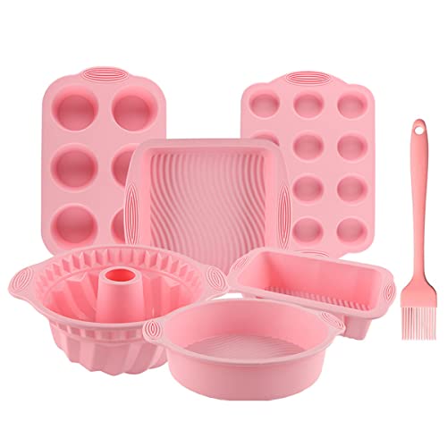 Acidea Nonstick Silicone Bakeware Set, 7set Baking Cake Pan, Economical BPA Free Heat Resistant Bakeware Suppliers Tools Kit with Silicone Brush for DIY Loaf Bread Cheesecake Pizza Cupcake Muffin