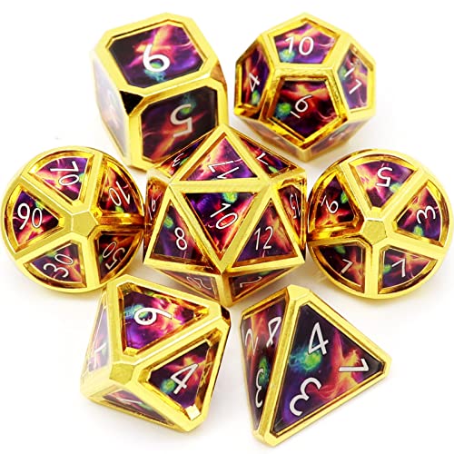 Haxtec Metal DND Dice Set DND 5e Spell Meteor Swarm Real Scene Gold Purple Blue Polyhedral Dice W/PU Leather Dragon Eye Dice Bag for TTRPG D&D Dungeons and Dragons DND Gifts - Meteor Swarm