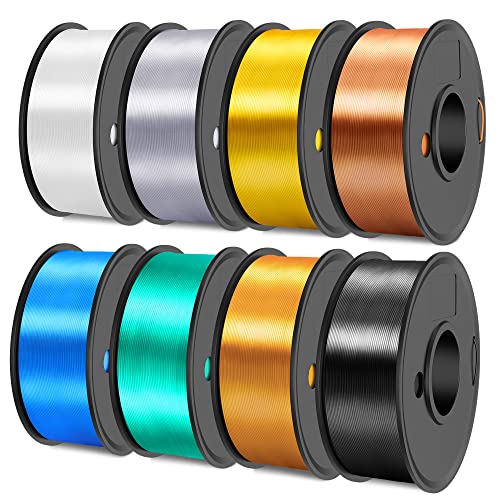 SUNLU 3D Printer Filament, 250G PLA Silk Filament Bundle, 1.75mm Smooth Silk Filament Muticolor, Neatly Wound Filament, 250G Spool, 8 Rolls, Black+White+Light Gold+Silver+Brass+Red Copper+Blue+Green - 250g*8 Bk+wt+lg+sv+bs+rc+bl+gn