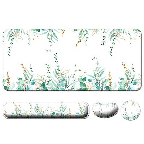 Keyboard Wrist Rest and Desk Mouse Pad with Wrist Support (4 PCS Set), Large Gaming Extended XXL Desk Pad Table Mat,Mousepad with Ergonomic Wrist Rest for Desktop Computer -Eucalyptus - B3-eucalyptus