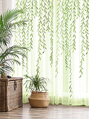 Breling Willow Voile Curtains Cute Green Sheers Leaf Curtain Tulle Vine Window Curtains Sheers Ivy Pretty Curtain for Living Room Bedroom Window Door Balcony(2 Pieces,39.4 x 106.3 Inch) - 2 - 39.4 x 106.3 Inch