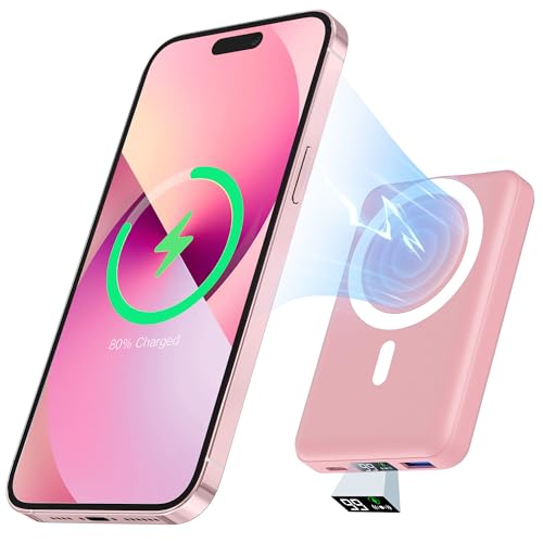 podoru for Magsafe Battery Pack, 10000mAh Magnetic Power Bank with Type-C Cable LED Display 22.5W PD Fast Charging Wireless Portable Charger for iPhone 16/15/14/13/12 Series-Pink - C-Pink