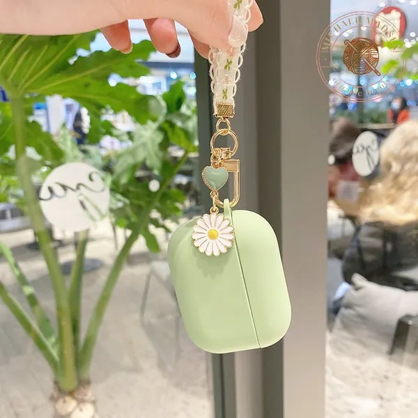 AirPods Pro Case / AirPod Case / Green Silicon Case With Flower Aesthetic Keychain / Cute Airpod Pro Case / Birthday Gift