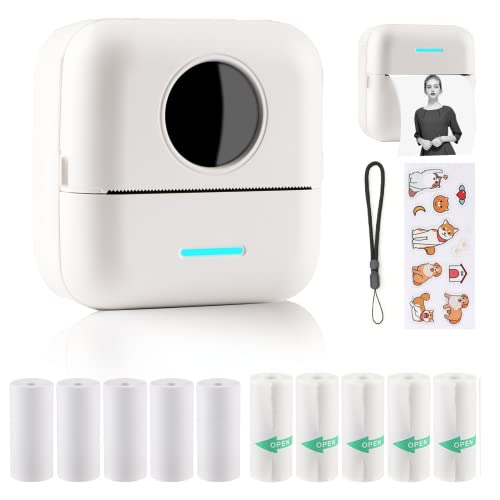 Mini Printer, Portable Printer with Sticker and 10 Rolls of Thermal Paper and Self-Adhesive Thermal Paper Built-in 1200mAh Battery Inkless Photo Printer for Android and iOS (White) - White
