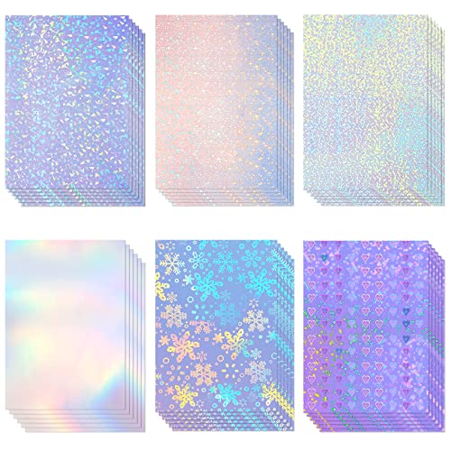 36 Sheets Holographic Sticker Paper Clear A4 Vinyl Sticker Paper Self Adhesive Waterproof Transparent Film Gem Spot Rainbow Star Bow Heart Snow Patterns, 11.7 x 8.3 Inch (Assorted Style) - Assorted Style