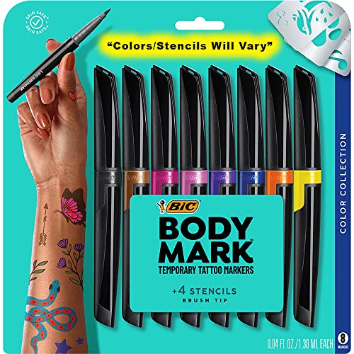 BIC BodyMark Temporary Tattoo Markers for Skin (MTBP81-AST), Color Collection, Flexible Brush Tip, 8-Count Pack of Assorted Colors, Skin-Safe*, Cosmetic Quality - Color Collection