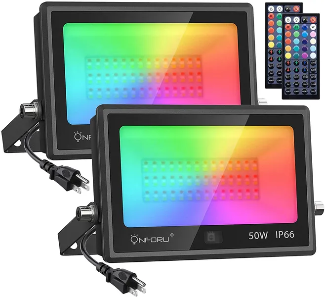 Onforu 2 Pack 500W Equiv LED RGB Flood Lights, 50W Dimmable Million Color Changing Floodlight with Remote, Waterproof Outdoor Indoor DIY Stage Uplights for Christmas Landscape Party Wall Wash Birthday