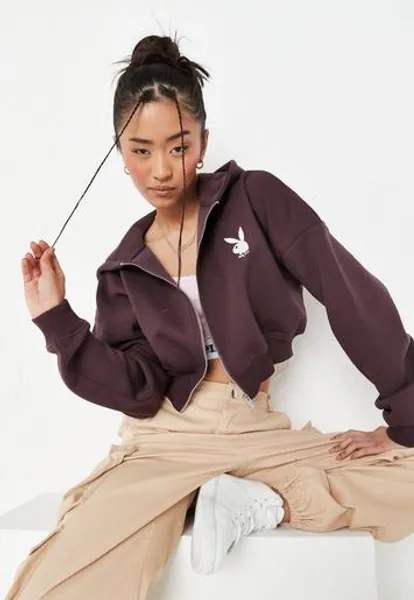 Missguided - Playboy x Missguided Chocolate Zip Through Cropped Hoodie 