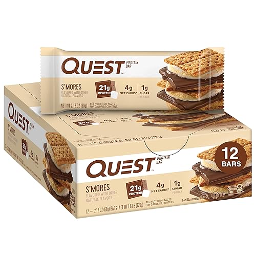 Quest Nutrition S'mores Protein Bars, 21g Protein, 1g Sugar, 4g Net Carb, Gluten Free, Keto Friendly, 12 Count - S'mores - 12 Count (Pack of 1)