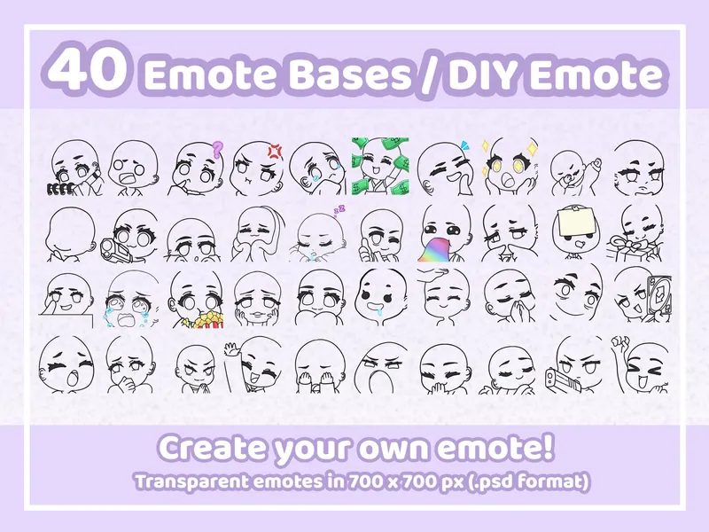 Emote Base Pack | 40 Custom Chibi Anime Emote Template for Twitch, Youtube and Discord