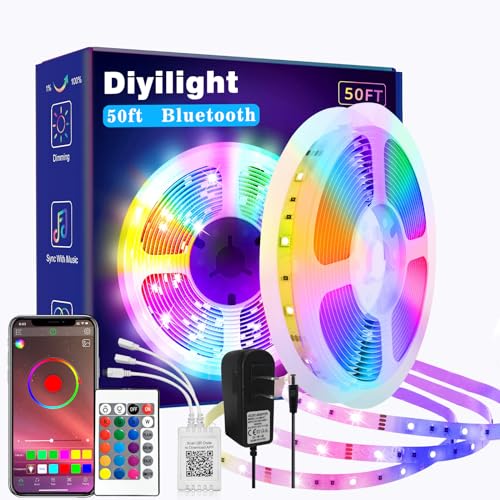 Diyilight 50FT Led Strip Lights Smart Light Strips with App Control Remote, 5050 RGB Led Lights for Bedroom, Music Sync Color Changing Lights for Room Party