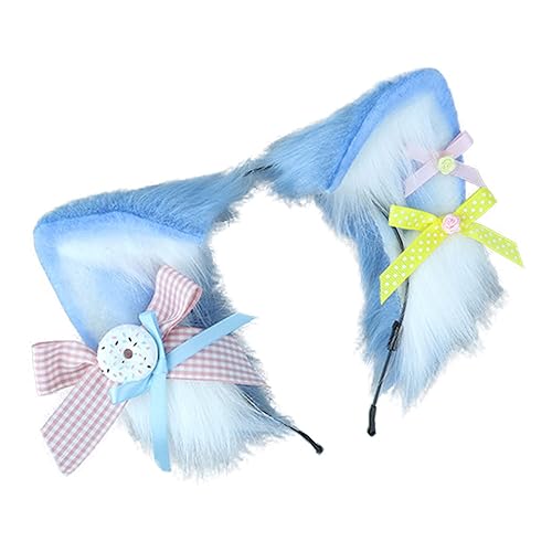 Faylay Women Furry Cat Ear Animal Ears Headband Ribbon Decor - Tgh-blue