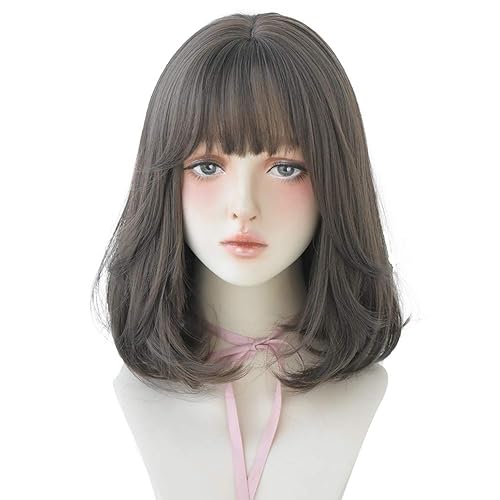HUAISU Short Straight Hair Wig with Bangs Synthetic High Density Brown Wig for Women (Dark brown, 14inch) - Dark brown