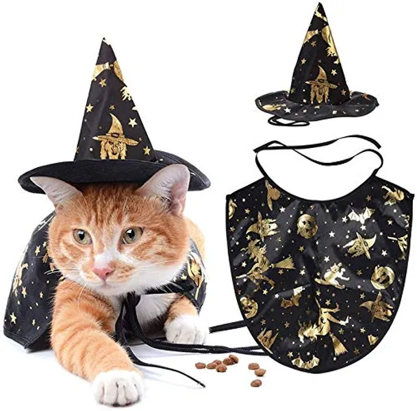 Gushehua 2PCS Cat Dog Vampire Cloak and Witch Hat for Halloween Party Holiday Cosplay Kitten Puppy Pet Clothes Pet Vampire Halloween Costume - Black