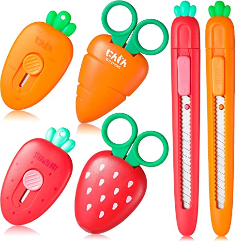 6 Pcs Small Cute Box Cutter Mini Retractable Utility Knife Scissors Carrot Strawberry Shaped Letter Opener Lock Slides Knife Stationery Supplies for Students Letter Small Box DIY Crafts