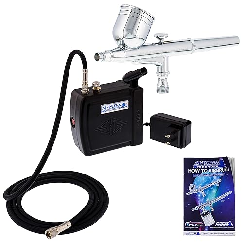 Master Airbrush Multi-Purpose Airbrushing System Kit with Portable Mini Air Compressor - Gravity Feed Dual-Action Airbrush, Hose, How-To-Airbrush Guide Booklet - Hobby, Craft, Cake Decorating, Tattoo - Black