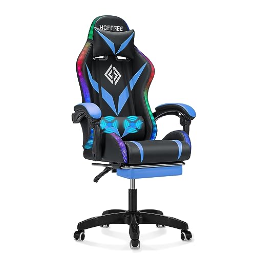 Gaming Chair with Massage and LED Lights Ergonomic Video Game Chairs with Footrest High Back Reclining Computer Chair with Adjustable Lumbar Support Blue and Black - Blue+black