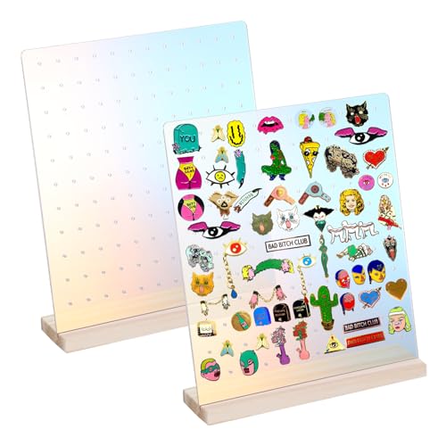 JUXYES Pack of 2 Acrylic Enamel Pin Display Stand with Wooden Base, Tabletop Pin Organizer Display Storage Stand, Enamel Pin Display Holder for Award Badges Pins Collectible, hold Up To 132 Pins - Colorful