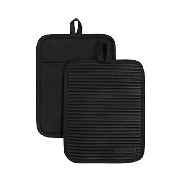 KitchenAid Ribbed Soft Silicone Water Resistant Pot Holder Set, Onyx Black, 2 Piece Set
