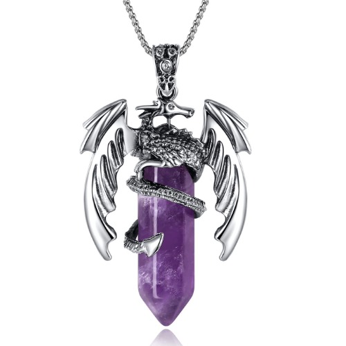 XIANNVXI Crystal Healing Stone Necklace for Men Women Amethyst Vintage Dragon Necklace Cool Simple Retro Natural Reiki Spirtural Witch Gemstone Pendant Jewelry - A-Amethyst
