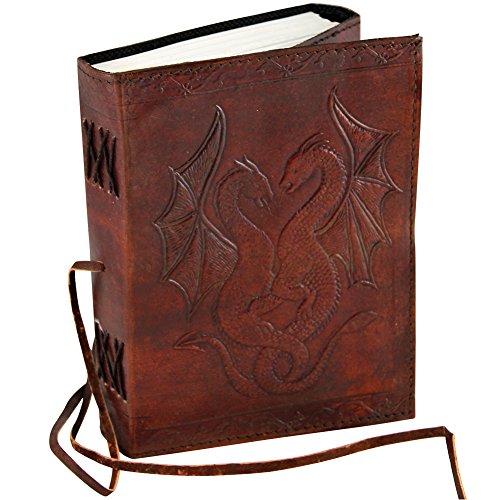 AzureGreen DOUBLE DRAGON Blank Page BOOK Handcrafted Leather Writing Unlined 5 x 7 JOURNAL (Brown) - MEDIUM - Brown Leather
