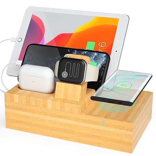 Goton Bamboo Wireless Charger Station with 4 USB Ports, Wooden Charging Stations Wood Organizer Stand for Multiple Devices Compatible iPhone/Apple Watch/Airpods/Tablet and Qi-Enabled Smartphone