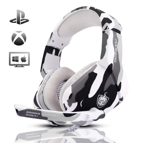 PHOINIKAS Gaming Headset for PS4, Xbox One, PC, Laptop, Mac, Nintendo Switch, 3.5MM PS4 Headset with Mic, Over Ear Headset, Noise-Cancelling Headset, Bass Surround, LED Light, Comfort Earmuff - Camo - Camo