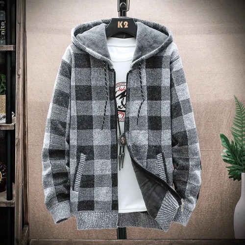 Mens Hooded Plaid Zipped Up Jacket - Gray / XL