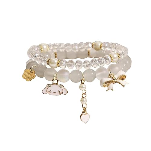 GAUEIOUR Cinnamoroll Crystal Bead Bracelet,Lovely Beige Cartoon Crystal Beads Elastic Bracelet Girls and Women, Small Fresh Simple and Lovely Cartoon Jade Dog Jewelry (Beige 2 Pack)