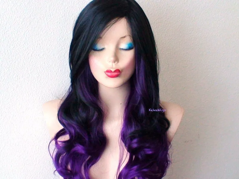 Black/Purple Ombre wig. 26&quot; Curly hair side bangs wig. Heat friendly synthetic hair wig.