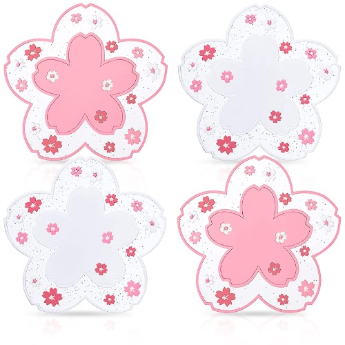 Cherry Blossom Cup Coasters 4 PCS Silicone Coasters Pink Sakura Coaster Kawaii Cup Cute Coasters for Desk Drink Table Decor Coffee Room Mat Durable Anti Slip for Placemat Kitchen Accessories Set of 4 - 