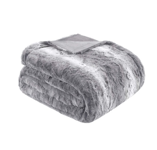 Madison Park Zuri Soft Plush Luxury Oversized Faux Fur Throw Animal Stripes Design, Faux Mink On The Reverse, Modern Cold Weather Blanket for Bed, Sofa Couch, 60x70, Grey