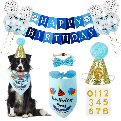 Dog Birthday Bandana Boy, VIPITH Cute Dog Birthday Party Supplies with Happy Birthday Banner Bow Tie Hat Banner Balloons Cake Topper for Pet Puppy Cat Birthday Decorations (Blue/Boy)