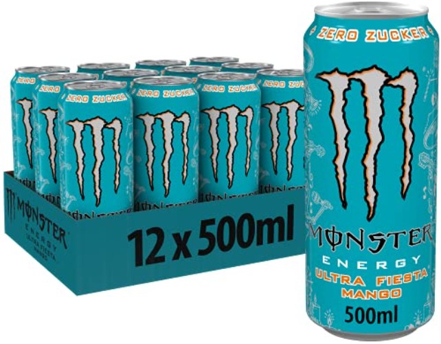 Monster Energy Ultra Fiesta - koffeinhaltiger Energy Drink mit leichtem Mango-Geschmack - ohne Zucker und ohne Kalorien - in praktischen Einweg Dosen (12 x 500 ml)
