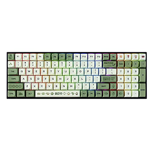 BOYI TK96 RGB Hot Swappable Wireless Matcha Keyboard,2.4Ghz/Bluetooth 5.0/Wired Keyboard N-Key Rollover Custom Gateron Yellow Switch Ergonomic Full Size Keyboard Green Gaming Keyboard - BOYI Matcha XDA Keycaps