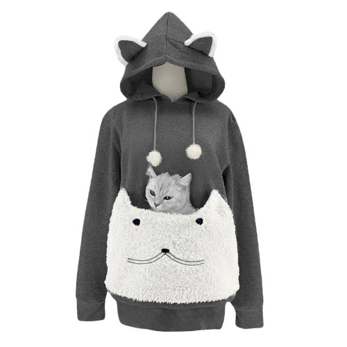 Women Cute Cat Ear Hoodies Pet Carrier Sweatershirt Puppy Kitten Pouch Jumper Long Sleeve Pullover Tops