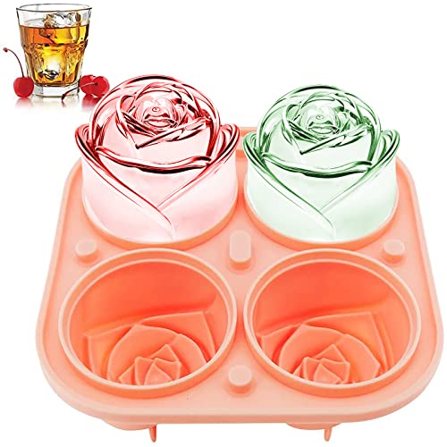 KooMall 3D Rose Ice Molds 2.5 Inch, Large Ice Cube Trays, Make 4 Giant Cute Flower Shape Ice, Silicone Rubber Fun Big Ice Ball Maker for Cocktails Juice Whiskey Bourbon Freezer, Dishwasher Safe, Pink - 4 Rose Ices - Pink
