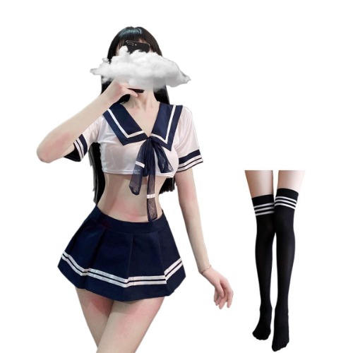 SINROYEE Women Lingerie Sexy Schoolgirls Outfit Lingerie Roleplay Cosplay Sailor Costumes with Socks Lovely - L (120-150 lbs) 7962