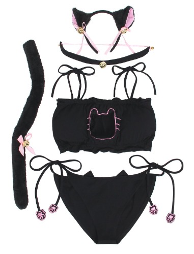 JustinCostume Women's Cosplay Lingerie Set Kitten Keyhole Cute Sexy Outfit - Large Black